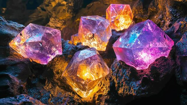 Glowing crystals in cave, gemstone mineral deposits with mystical purple and orange light.