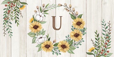 Floral Wreath Initial U Watercolor Design, Sunflower, Monogram Sunflower, Wreath