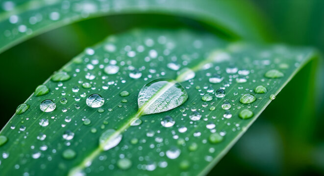 Macro photo of water droplet on green leaf surface highlighting freshness and environmental purity
