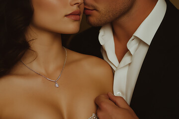 An intimate moment is captured as a man leans in toward a woman wearing an elegant necklace. Sensual, close, and romantic.