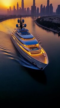 luxury yacht cruising on a river with city skyline at sunset