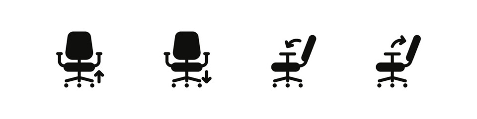 Office chair icons with adjustable features in flat vector style. Ergonomic furniture symbol set for workplace themes