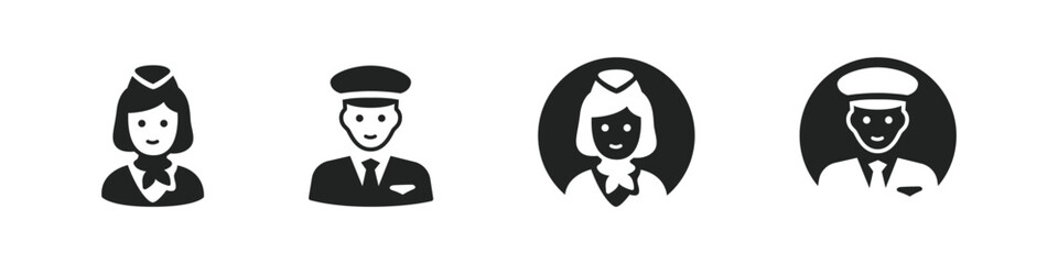 Plane captain and flight attendant avatars in flat and circular style. Aviation job characters for airline theme