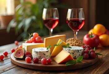 artfully arranged cheese wine duo elegant food pairing gourmet platter appetizer spread visual delight, dairy, grapes, variety, flavors, tasting, texture