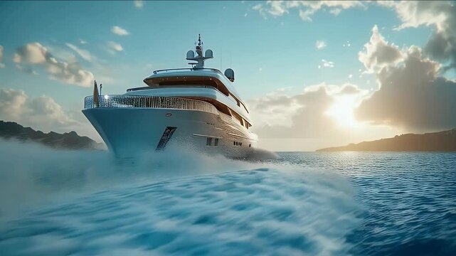 Yacht cruising at sunset with islands in background