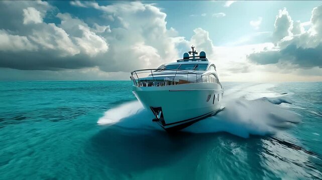 luxury yacht speeding through turquoise water 