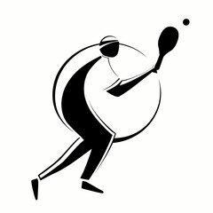 Minimalist Black and White Vector of Spherical Tennis Player Swinging Racket – Abstract Sport Concept Illustration for Fitness, Branding