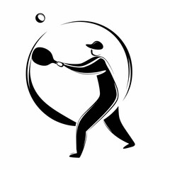Minimalist Black and White Vector of Spherical Tennis Player Swinging Racket – Abstract Sport Concept Illustration for Fitness, Branding