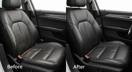 Side-by-side comparison of a car seat before and after cleaning, showing significant improvement in cleanliness and appearance, Generative AI.