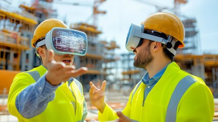 Two construction workers wearing virtual reality headsets discussing project details on building site. Collaborative technology enables immersive architectural planning. - Powered by Adobe