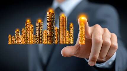Digital Cityscape: Man Touching Virtual Skyline