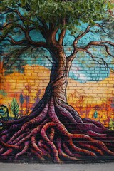 Fototapeta premium Colorful painting of a large tree with prominent roots against a vibrant background.