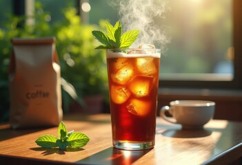 crisp cold brew coffee refreshment fresh mint leaves aromatic garnish chilled beverage, iced, smooth, herb, leaf, caffeine, taste, flavor, infusion, cup