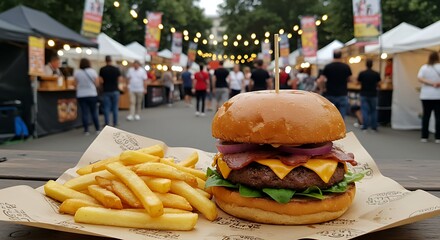 street food burger with french fries on craft paper. Street fast food. festival background