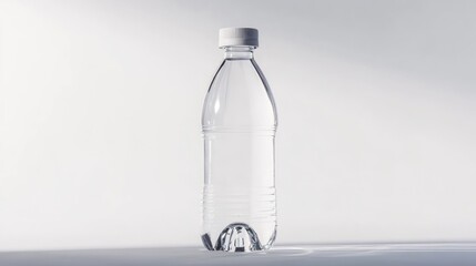 A clear plastic bottle with a white cap stands against a plain white background in a studio shot
