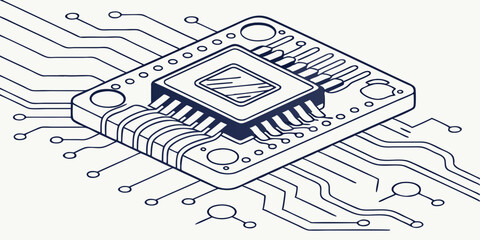 Detailed Illustration of a Microchip and Circuit Board