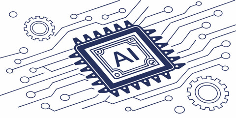 AI Technology Circuit Board with Processor and Gears