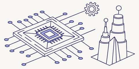 Microchip with Computer Towers Illustration of Technology
