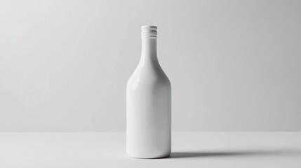 A white bottle with a silver cap stands on a white surface against a white background scene view