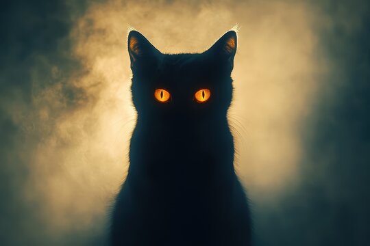 Black cat gazes at glowing lights during twilight in a city setting, highlighting its striking silhouette and enchanting eyes - Powered by Adobe