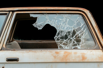 Damaged Car Window: Shattered glass on an old, rusty car suggests decay and abandonment. The broken window offers a glimpse into the neglected interior.
