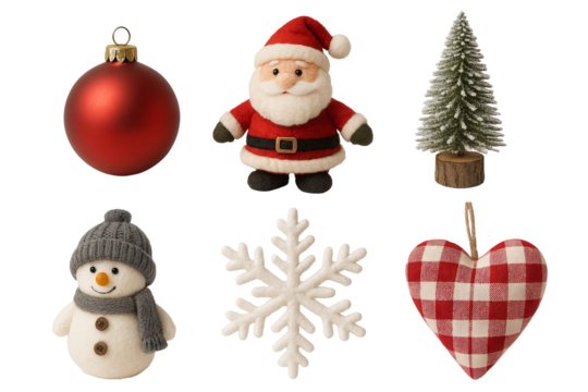 Png set of winter Christmas toys with santa, snowman, and holiday decor isolated on transparent background. concept of christmas decorations, festive ornaments, seasonal items - Powered by Adobe