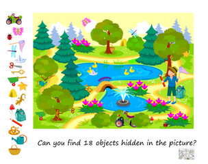 Can you find 18 objects hidden in the picture? Logic puzzle for smartest. Search and find game. Illustration of beautiful park. Page for kids brain teaser book. Flat vector drawing. IQ test.