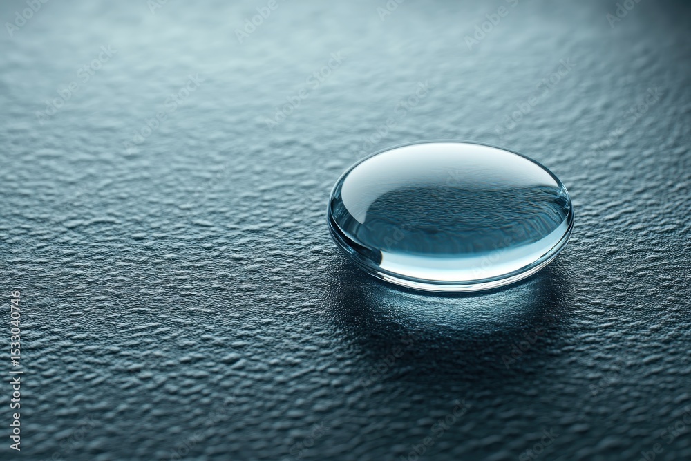 Aufkleber Water droplet resting on a textured surface reflecting light and creating intricate patterns during a calm indoor setting