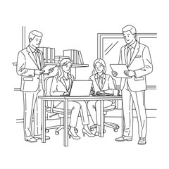 A group of professionals in business attire discussing work at a conference table in a simple line art style
