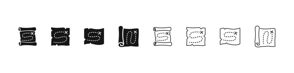 Treasure map icons in outline and flat vector style. Adventure and pirate themed navigation symbol collection