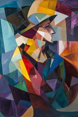 Fototapeta premium Abstract painting of a person wearing a hat with geometric shapes and colors.