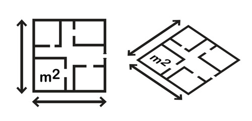 Real estate floorplan icons, black line apartment layout symbols with dimension arrows vector illustration house plan