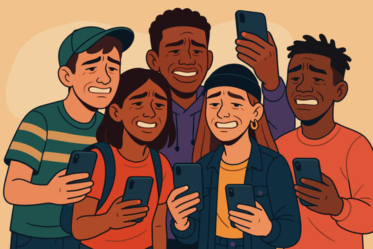 Group of diverse people with worried faces looking at phones symbolizing social media anxiety and mental health impact