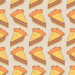 Piece of pie seamless pattern. Simple flat design with bakery. Vector design for greeting card and invitation for seasonal autumn festivities