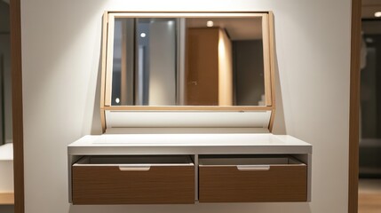Modern Minimalist Vanity with Stylish Mirror and Wooden Drawers in Contemporary Interior Design Setting