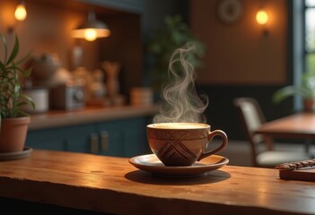 Fototapeta premium artisan coffee cup rustic wooden countertop warm beverage cozy atmosphere handcrafted home decor stylish ambiance, mug, drink, kitchen, espresso, ceramic, tea
