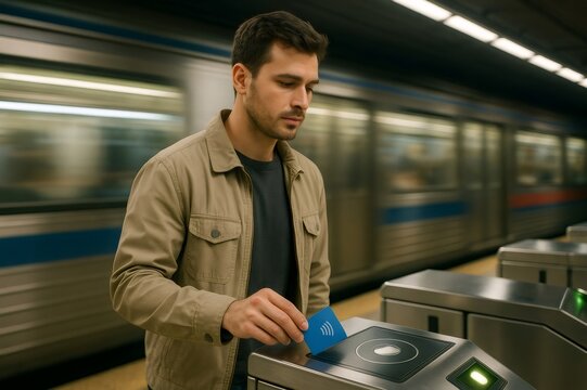 Young man using contactless payment with credit card to access subway station while train is arriving