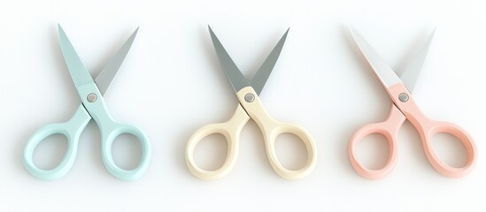 Three pastel scissors aligned on a white surface with different handle colors in a row view
