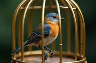 A beautiful bird is sitting in a bird cage. The background is slightly blurred, which highlights the bird and its cage.
