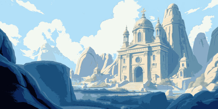 A mysterious and imaginary temple landscape in blue tones in a vector illustration style.