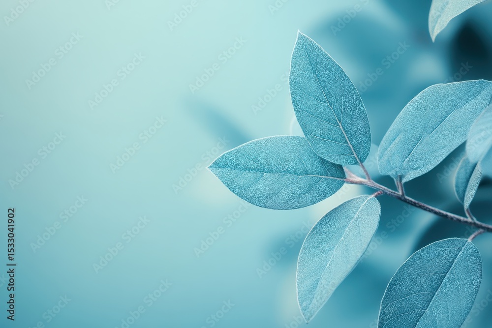 Poster soft teal leaves with subtle textures illuminated by natural light in a serene environment