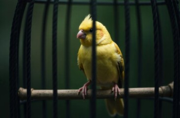 A beautiful bird is sitting in a bird cage. The background is slightly blurred, which highlights the bird and its cage.