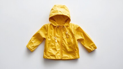 A bright yellow child's raincoat with a hood is displayed on a plain white background surface