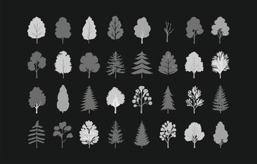 Collection of gray scale tree silhouettes