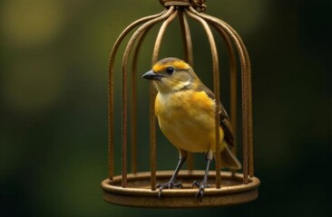 A beautiful bird is sitting in a bird cage. The background is slightly blurred, which highlights the bird and its cage.