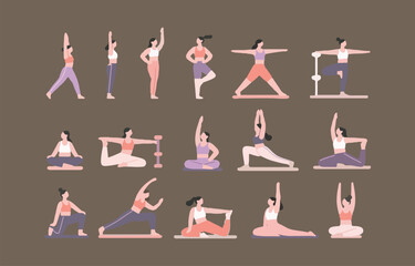 Various women practicing yoga and fitness poses