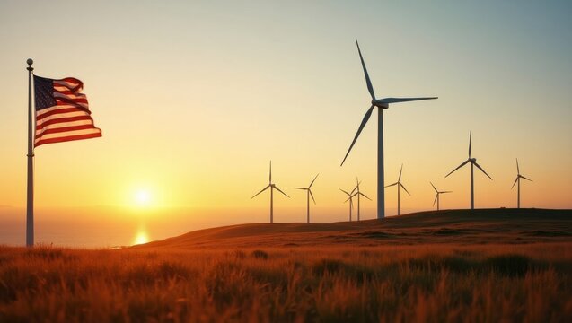 Wind turbines on a hill at sunset with the U.S. flag in the foreground, symbolizing American renewable energy and clean power progress