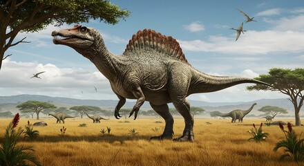 Obraz premium Spinosaurus Out of Its Natural Habitat: Struggling to Survive Amid the Vast Savanna, Surrounded by Other Majestic Species
