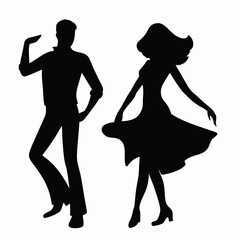 Silhouette of a man in shirt and pants dancing with a woman in dress with flowing hair on white background created with generated ai