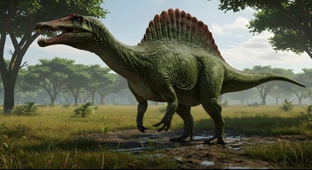Fototapeta premium Spinosaurus Out of Its Natural Habitat: Struggling to Survive Amid the Vast Savanna